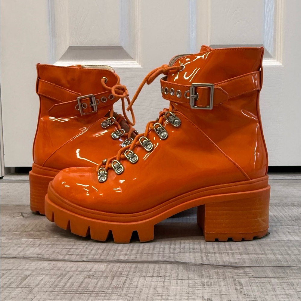Rare! Neon orange Jeffrey Campbell Czech chunky heeled combat boots